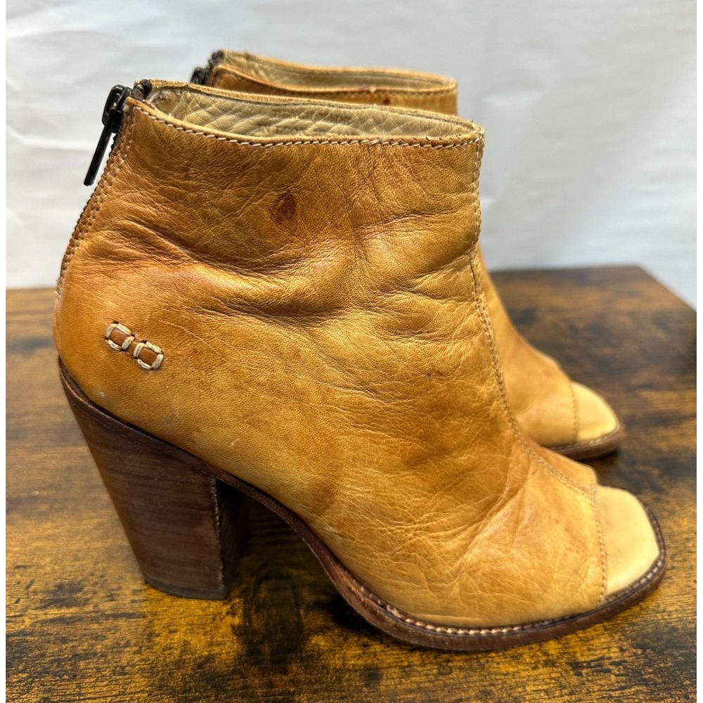 Bed Stu Onset Tan Distressed Leather Peep Toe Ankle Booties Heeled Size 8 Boho - Picture 2 of 16
